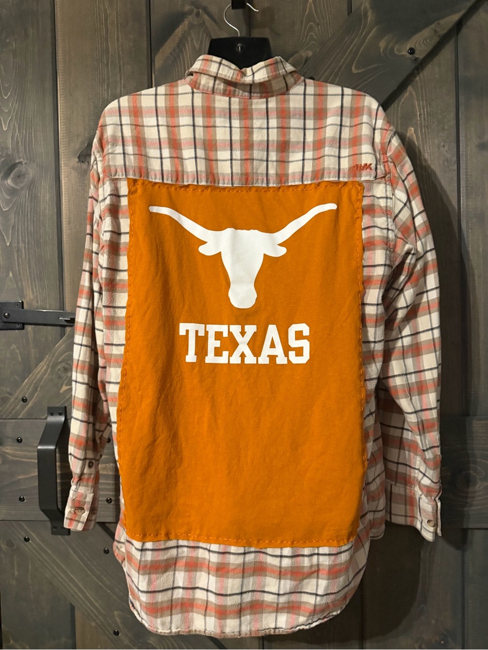 Upcycled Texas Longhorns Orange Plaid Patchback Men's Shirt Medium